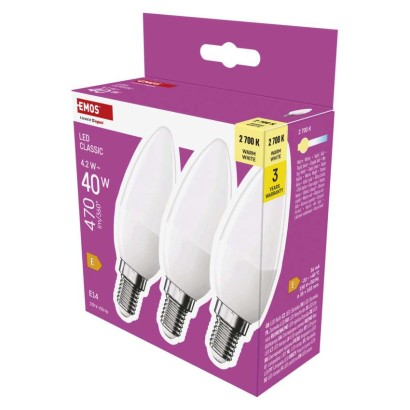 E14 gyertya LED-izzó – 4,2 W, 3 db – EMOS ZQ3E21.3